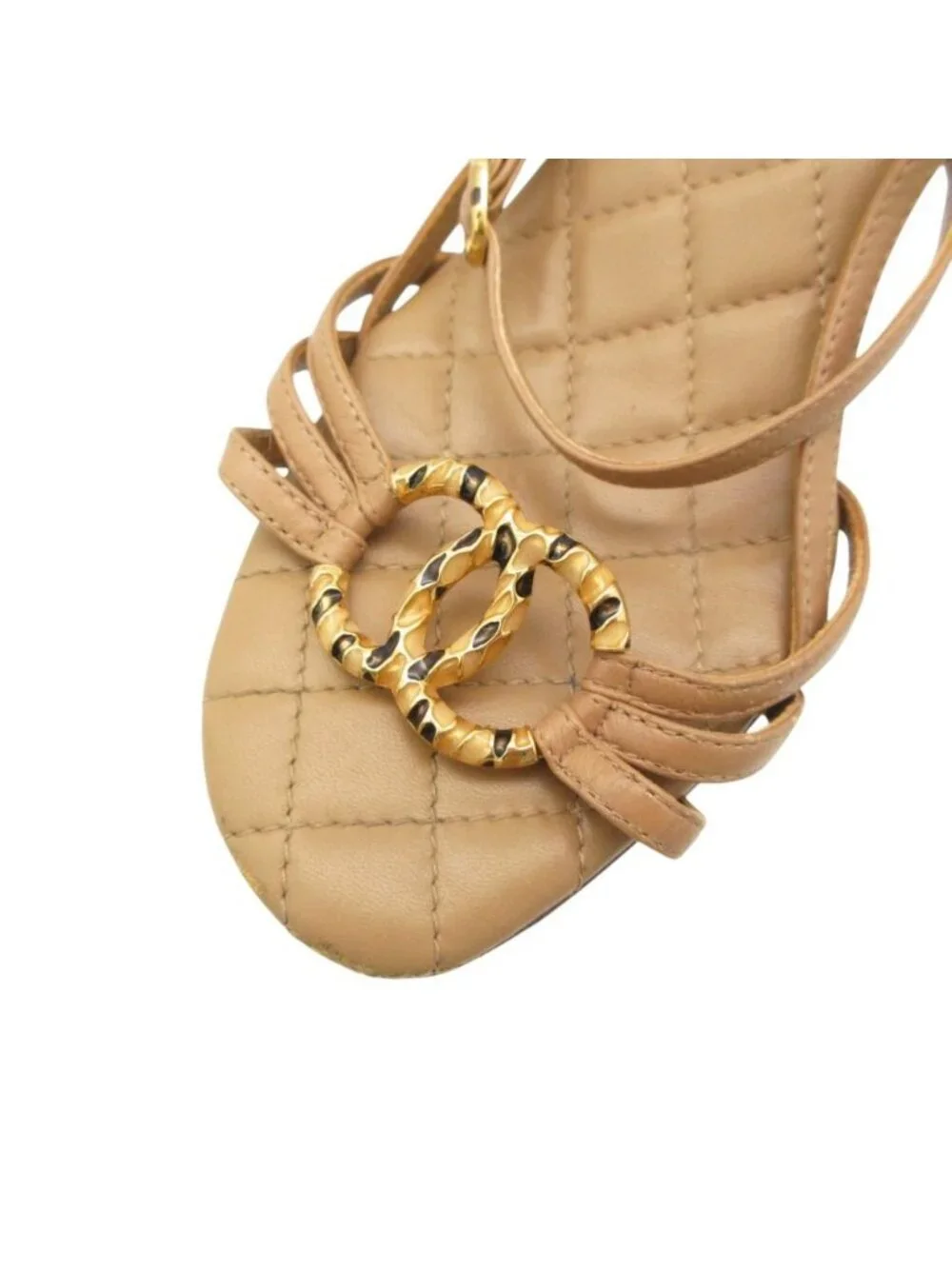 Chanel Sandals Leather Quilted Gold CC Logo Beige